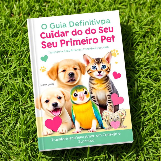 A heartwarming and informative cover design for a guide book titled 'O Guia Definitivo para Cuidar do Seu Primeiro Pet: Transforme Seu Amor em Conexão e Sucesso'