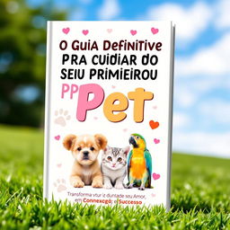 A heartwarming and informative cover design for a guide book titled 'O Guia Definitivo para Cuidar do Seu Primeiro Pet: Transforme Seu Amor em Conexão e Sucesso'