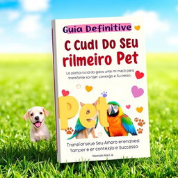 A heartwarming and informative cover design for a guide book titled 'O Guia Definitivo para Cuidar do Seu Primeiro Pet: Transforme Seu Amor em Conexão e Sucesso'