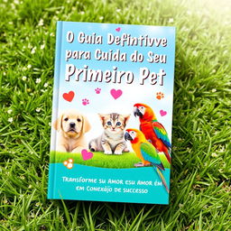 A heartwarming and informative cover design for a guide book titled 'O Guia Definitivo para Cuidar do Seu Primeiro Pet: Transforme Seu Amor em Conexão e Sucesso'