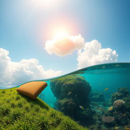 An imaginative scene featuring three distinct parcels: one parcel resting on the ground, another parcel floating in the sky, and the third parcel submerged in the sea