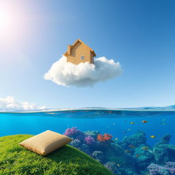 An imaginative scene featuring three distinct parcels: one parcel resting on the ground, another parcel floating in the sky, and the third parcel submerged in the sea