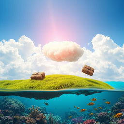 An imaginative scene featuring three distinct parcels: one parcel resting on the ground, another parcel floating in the sky, and the third parcel submerged in the sea