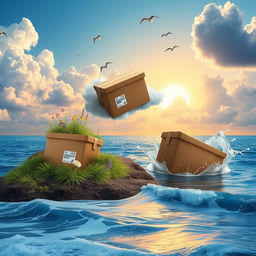 A surreal landscape featuring three distinct packages: one resting on the ground, one floating in the sky among fluffy clouds, and another partially submerged in the ocean waves