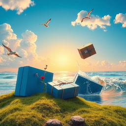 A surreal landscape featuring three distinct packages: one resting on the ground, one floating in the sky among fluffy clouds, and another partially submerged in the ocean waves