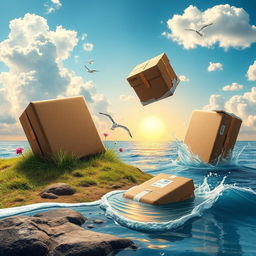 A surreal landscape featuring three distinct packages: one resting on the ground, one floating in the sky among fluffy clouds, and another partially submerged in the ocean waves
