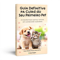 A book cover design for an eBook titled 'O Guia Definitivo para Cuidar do Seu Primeiro Pet: Transforme Seu Amor em Conexão e Sucesso'