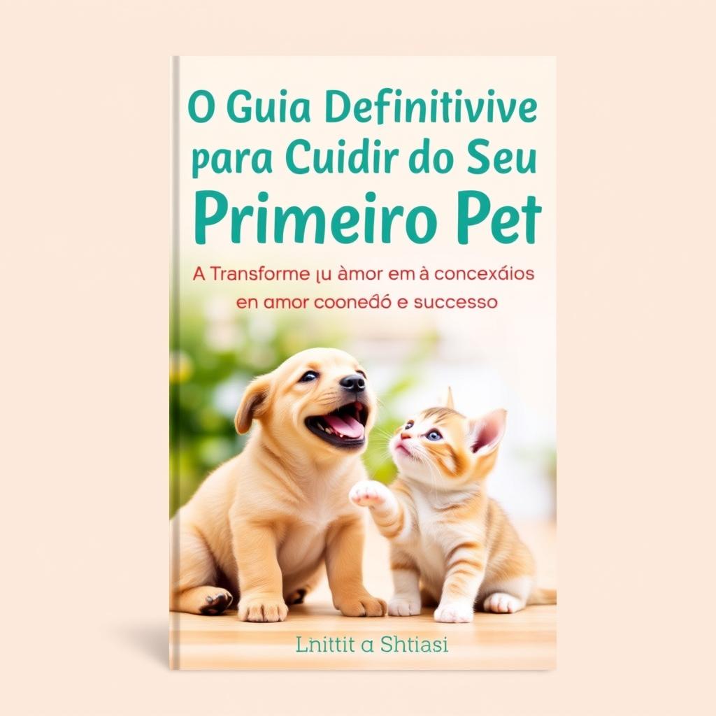 A book cover design for an eBook titled 'O Guia Definitivo para Cuidar do Seu Primeiro Pet: Transforme Seu Amor em Conexão e Sucesso'