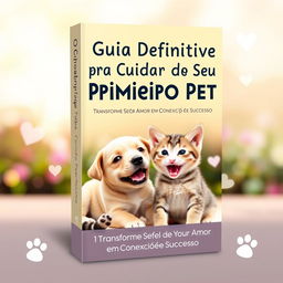 A book cover design for an eBook titled 'O Guia Definitivo para Cuidar do Seu Primeiro Pet: Transforme Seu Amor em Conexão e Sucesso'