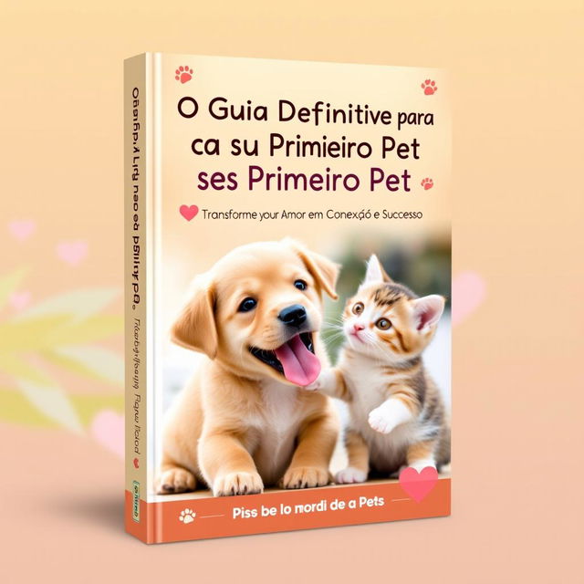 A book cover design for an eBook titled 'O Guia Definitivo para Cuidar do Seu Primeiro Pet: Transforme Seu Amor em Conexão e Sucesso'