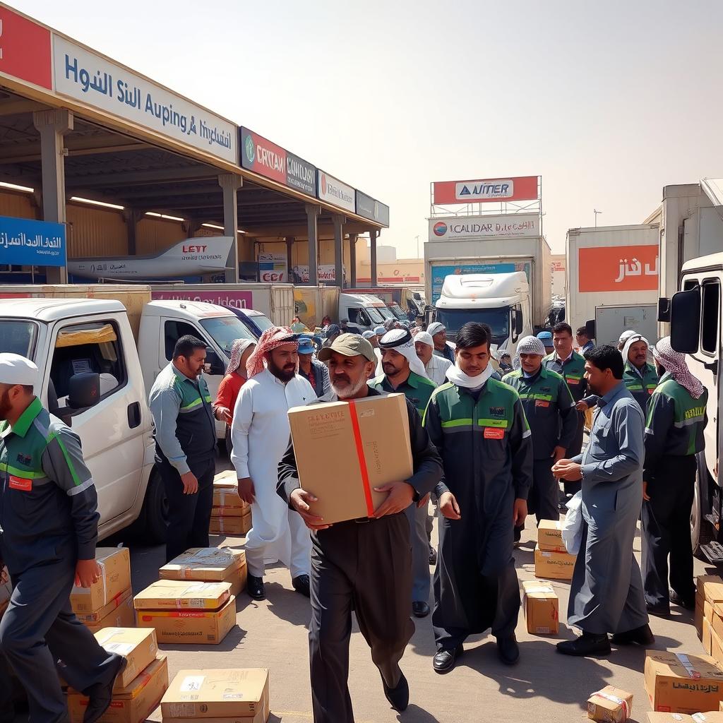 A busy shipping hub in Saudi Arabia featuring multiple parcel delivery companies