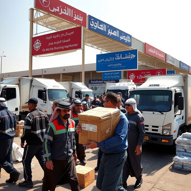 A busy shipping hub in Saudi Arabia featuring multiple parcel delivery companies