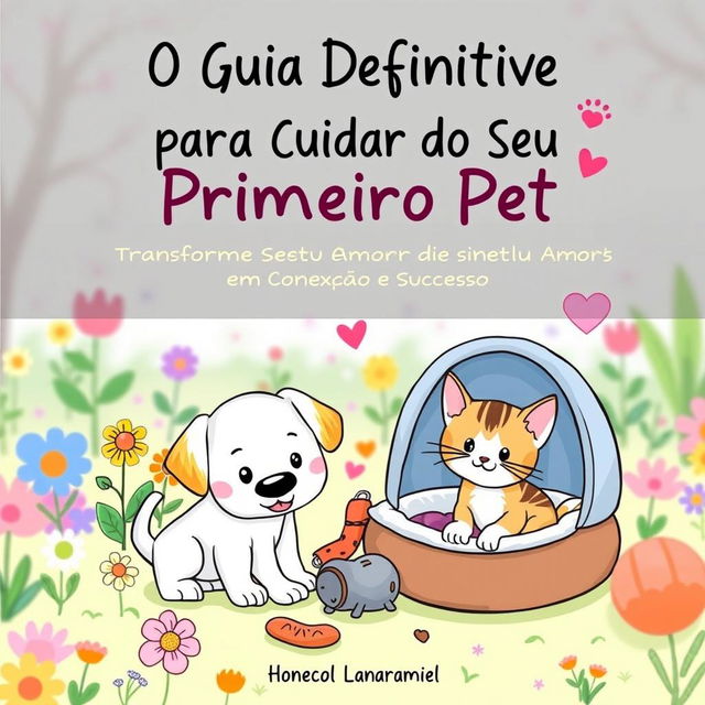 A charming illustrated book cover for an eBook titled 'O Guia Definitivo para Cuidar do Seu Primeiro Pet: Transforme Seu Amor em Conexão e Sucesso'