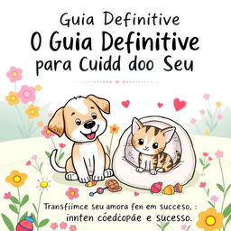 A charming illustrated book cover for an eBook titled 'O Guia Definitivo para Cuidar do Seu Primeiro Pet: Transforme Seu Amor em Conexão e Sucesso'