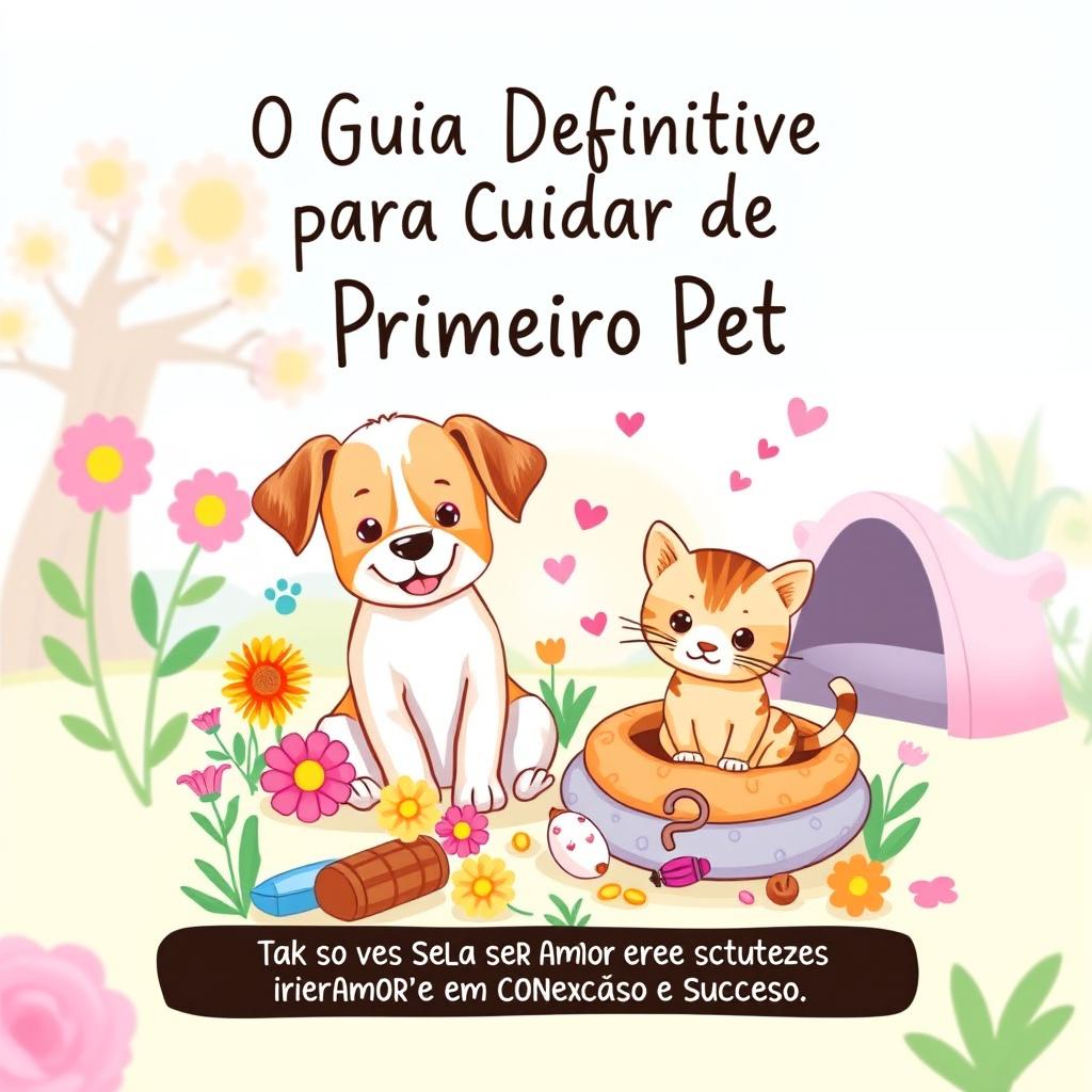 A charming illustrated book cover for an eBook titled 'O Guia Definitivo para Cuidar do Seu Primeiro Pet: Transforme Seu Amor em Conexão e Sucesso'