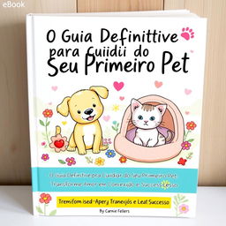 A charming illustrated book cover for an eBook titled 'O Guia Definitivo para Cuidar do Seu Primeiro Pet: Transforme Seu Amor em Conexão e Sucesso'