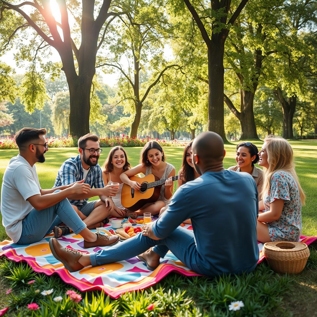 A stunning, high-resolution image featuring a group of friends having a fun picnic in a beautiful park setting