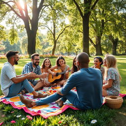 A stunning, high-resolution image featuring a group of friends having a fun picnic in a beautiful park setting