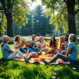 A stunning, high-resolution image featuring a group of friends having a fun picnic in a beautiful park setting
