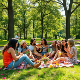 A stunning, high-resolution image featuring a group of friends having a fun picnic in a beautiful park setting