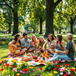 A stunning, high-resolution image featuring a group of friends having a fun picnic in a beautiful park setting