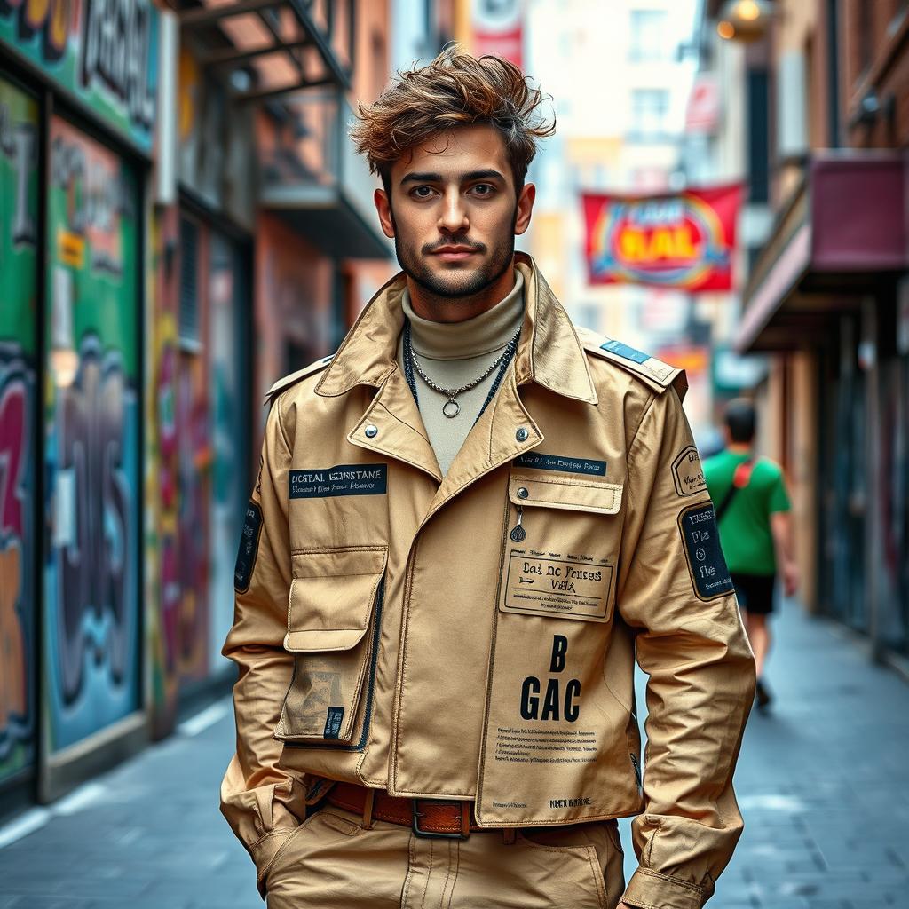 A realistic man dressed in cardboard packaging, standing in an urban environment