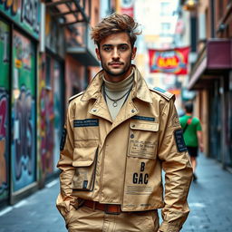 A realistic man dressed in cardboard packaging, standing in an urban environment