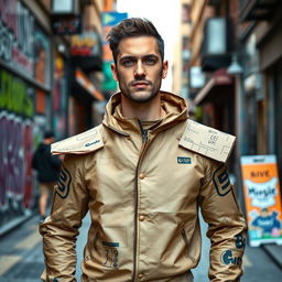 A realistic man dressed in cardboard packaging, standing in an urban environment