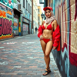 A fashionable young woman in a vibrant urban setting, standing on a colorful, graffiti-covered street