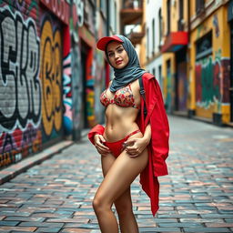 A fashionable young woman in a vibrant urban setting, standing on a colorful, graffiti-covered street