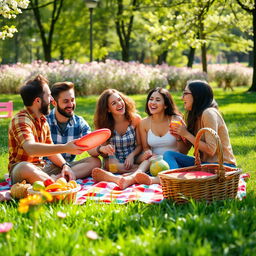 A perfect candid shot of a lively picnic scene featuring a group of happy friends framed beautifully