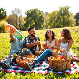 A perfect candid shot of a lively picnic scene featuring a group of happy friends framed beautifully