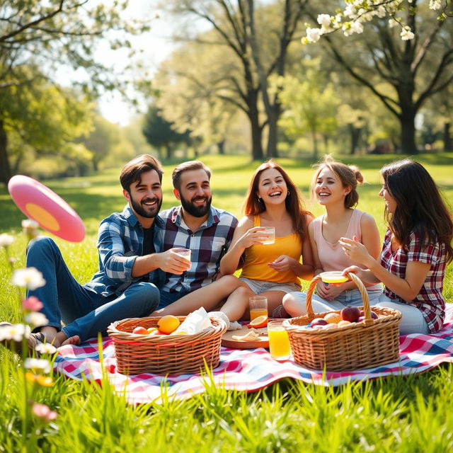 A perfect candid shot of a lively picnic scene featuring a group of happy friends framed beautifully