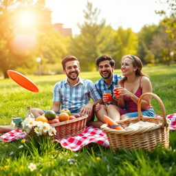 A perfect candid shot of a lively picnic scene featuring a group of happy friends framed beautifully