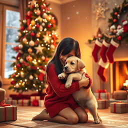 A heartwarming Christmas scene featuring a girl delightfully receiving a puppy