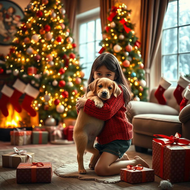 A heartwarming Christmas scene featuring a girl delightfully receiving a puppy