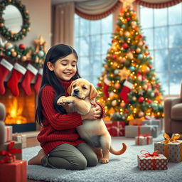 A heartwarming Christmas scene featuring a girl delightfully receiving a puppy