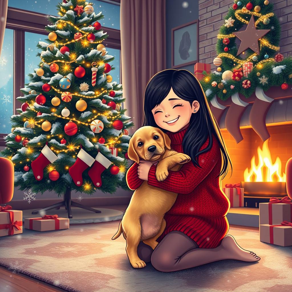 A heartwarming Christmas scene featuring a girl delightfully receiving a puppy