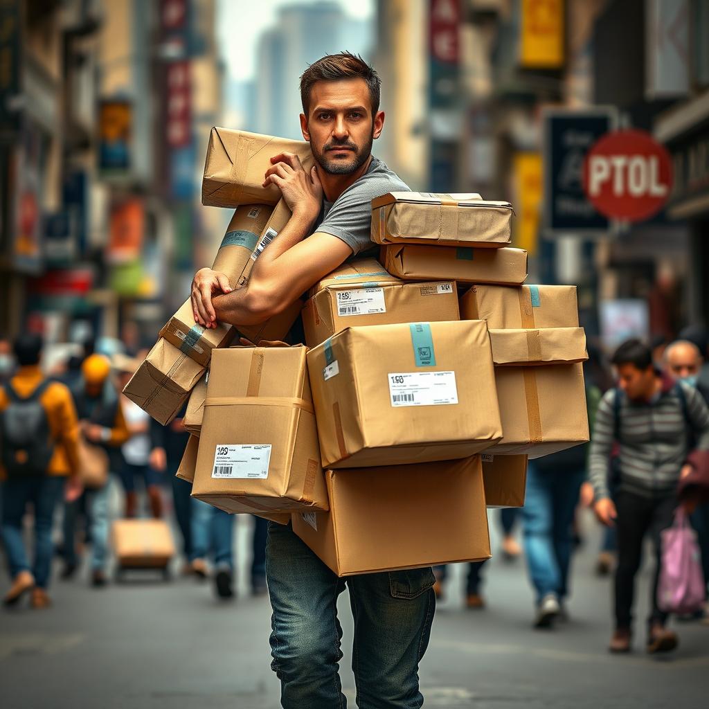 A realistic man carrying a large number of packages, showcasing his strength and determination