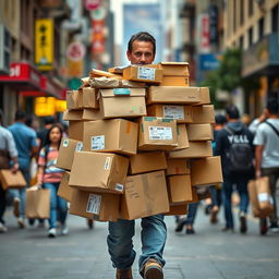 A realistic man carrying a large number of packages, showcasing his strength and determination