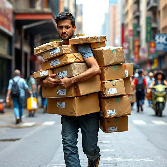 A realistic man carrying a large number of packages, showcasing his strength and determination