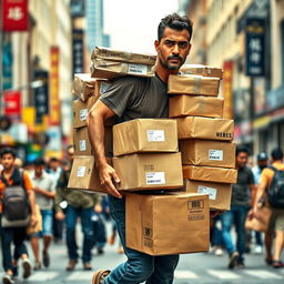 A realistic man carrying a large number of packages, showcasing his strength and determination
