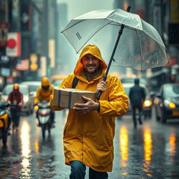 A delivery man braving the rain, delivering a package amidst heavy rain and dust, with a bustling city background filled with people and vehicles