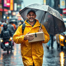A delivery man braving the rain, delivering a package amidst heavy rain and dust, with a bustling city background filled with people and vehicles