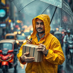 A delivery man braving the rain, delivering a package amidst heavy rain and dust, with a bustling city background filled with people and vehicles