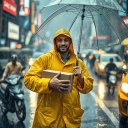 A delivery man braving the rain, delivering a package amidst heavy rain and dust, with a bustling city background filled with people and vehicles