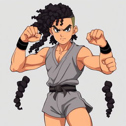 Create an original anime-inspired character with a lean, muscular build and Somali-style curly black hair that cascades down the sides