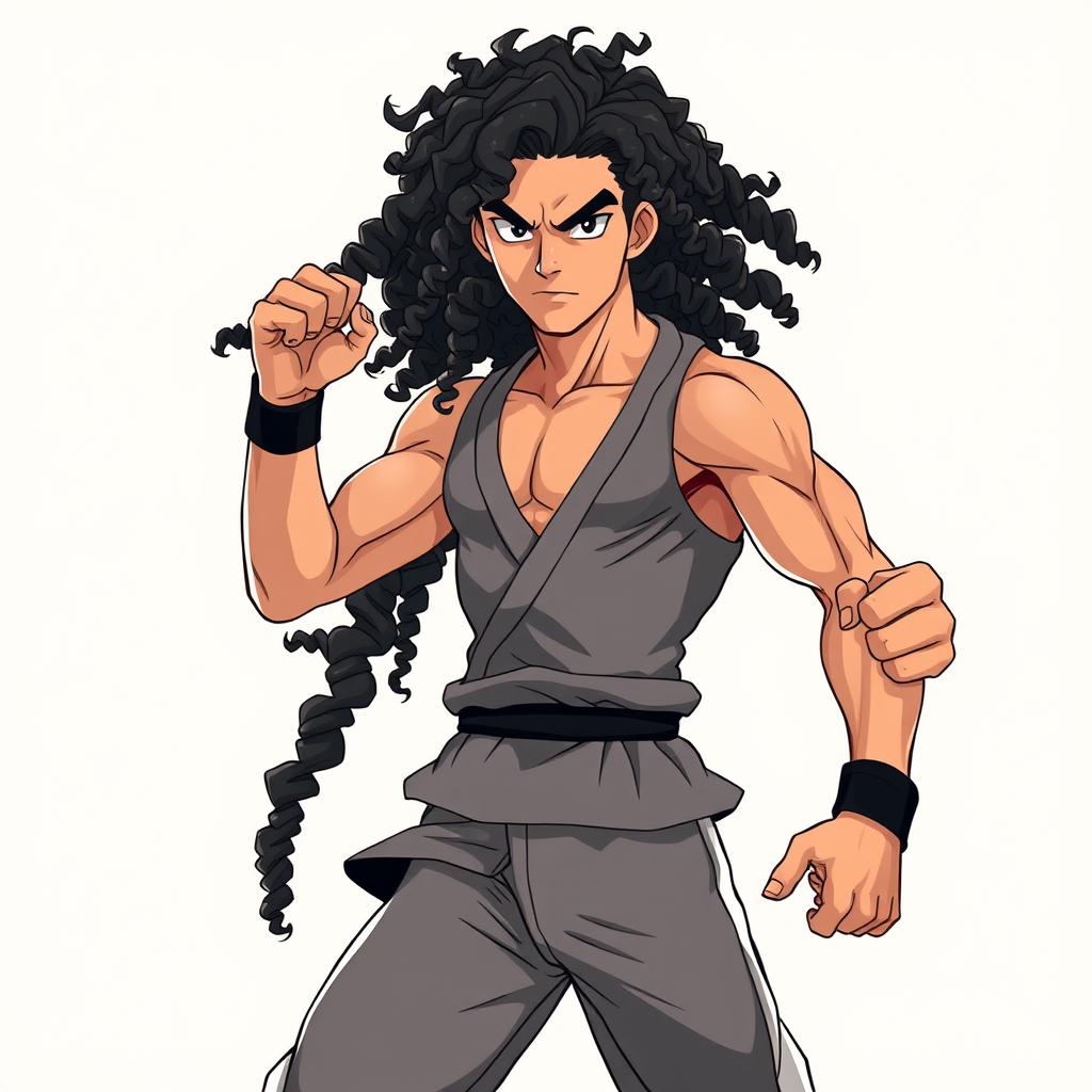 Create an original anime-inspired character with a lean, muscular build and Somali-style curly black hair that cascades down the sides