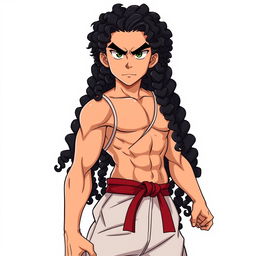 Create an original anime-inspired character with a lean, muscular build and Somali-style curly black hair that cascades down the sides