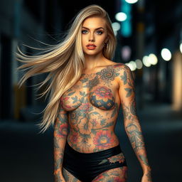 A stunning blonde woman with long, flowing hair, showcasing a vibrant full body tattoo that features intricate designs and colorful patterns